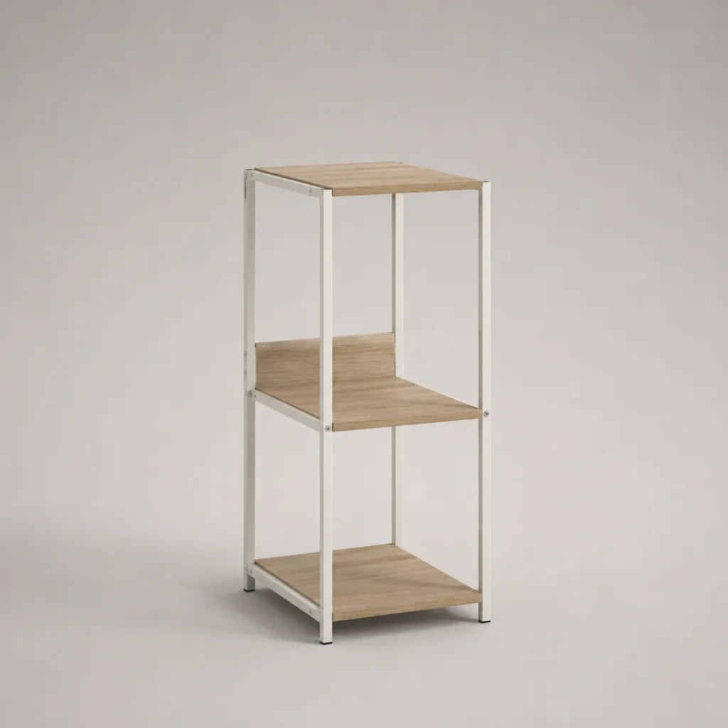 Scaffale da terra rettangolare a 3 ripiani in truciolare melaminico e acciaio, bianco e rovere chiaro, 40 × 35 × 105 cm