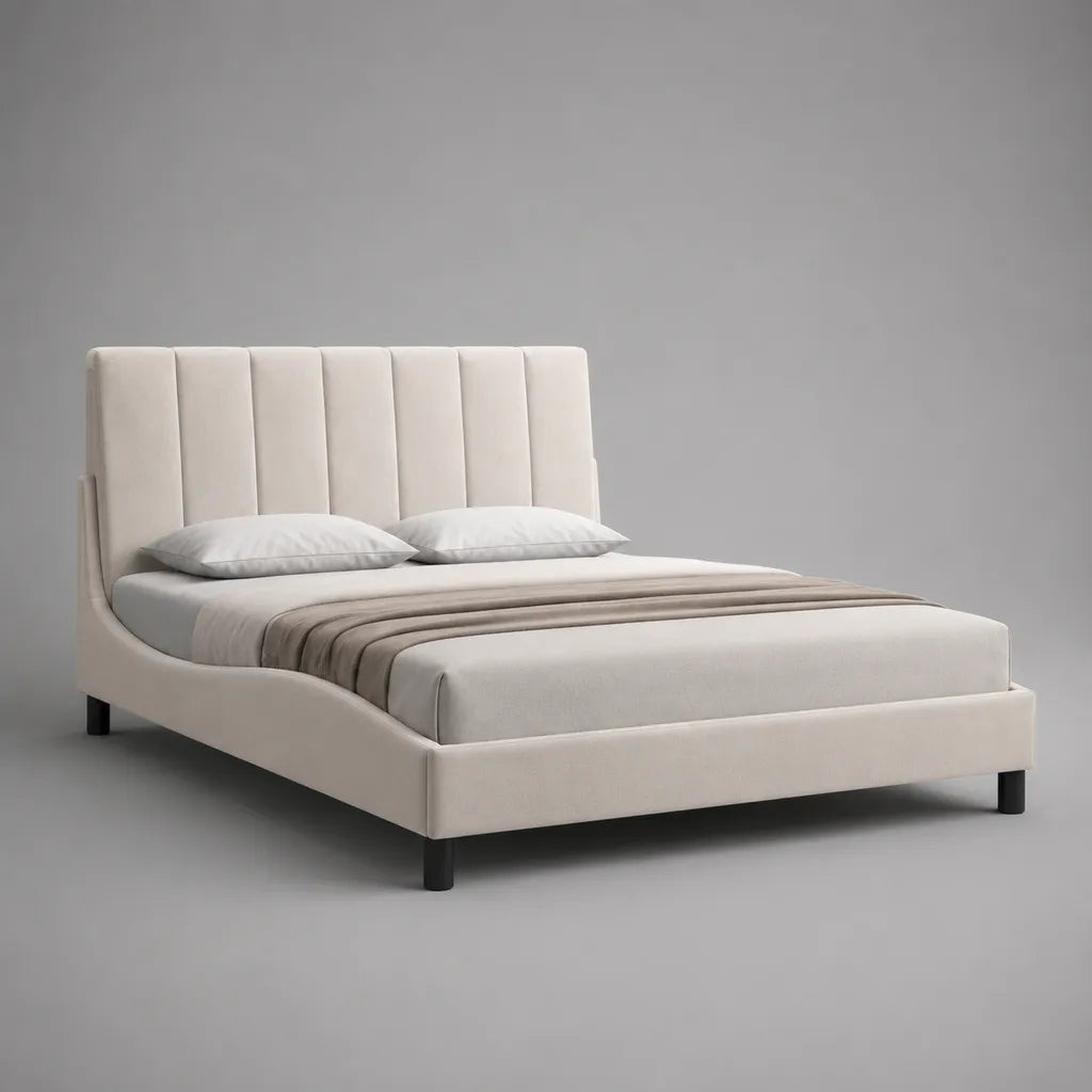 Letto matrimoniale imbottito in tessuto beige con testiera scanalata, 170 × 215 × 120 cm, per materasso da 160 × 200 cm