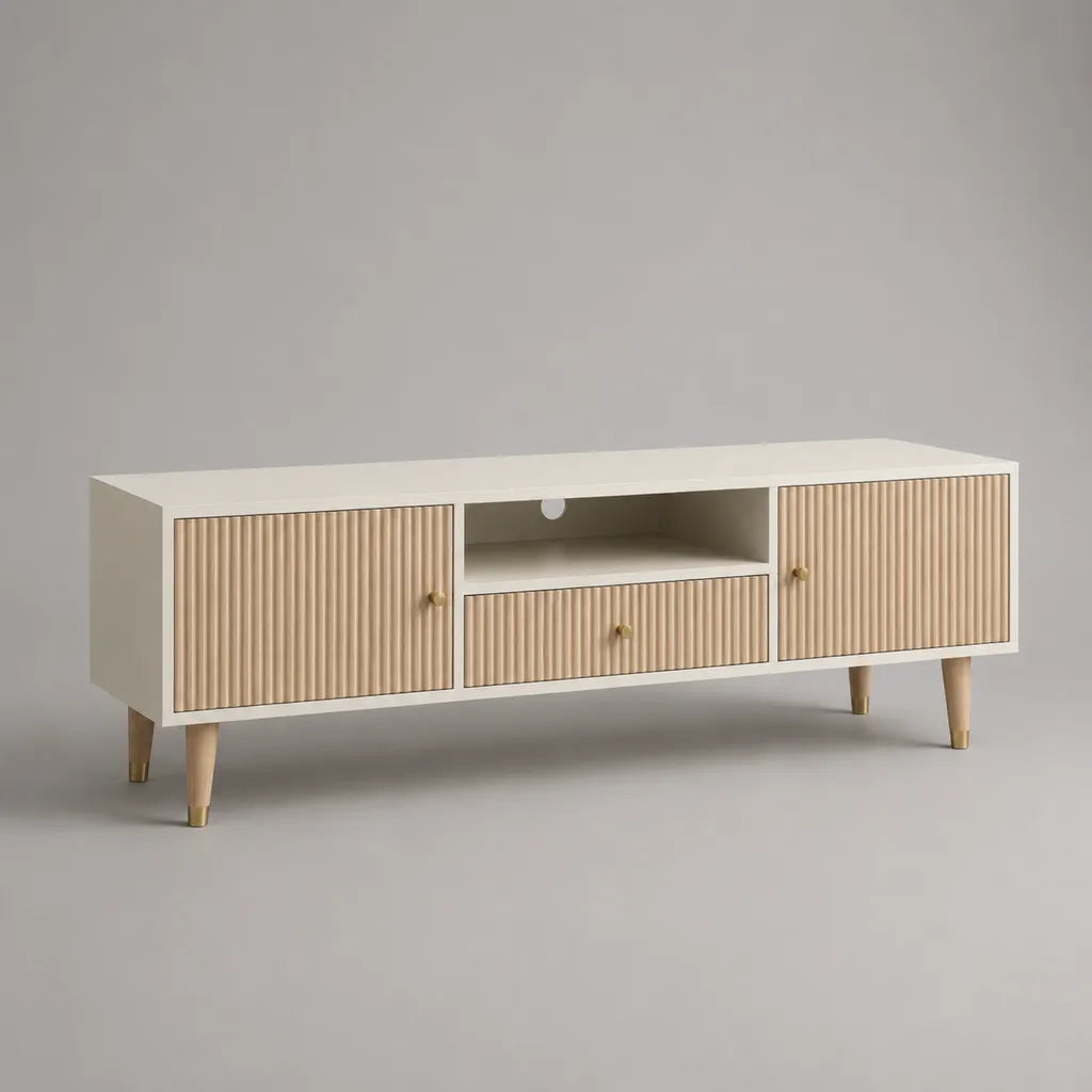 Mobile TV basso in MDF scanalato con 2 ante, 1 cassetto e vano aperto, bianco e beige, 140 x 40 x 60 cm