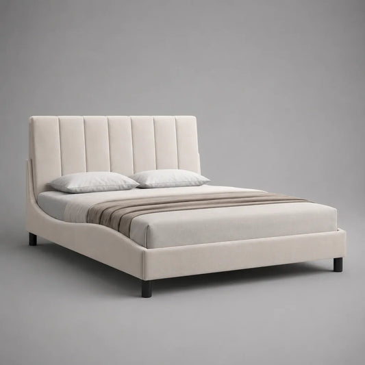 Letto matrimoniale imbottito in tessuto beige con testiera scanalata, 170 × 215 × 120 cm, per materasso da 160 × 200 cm