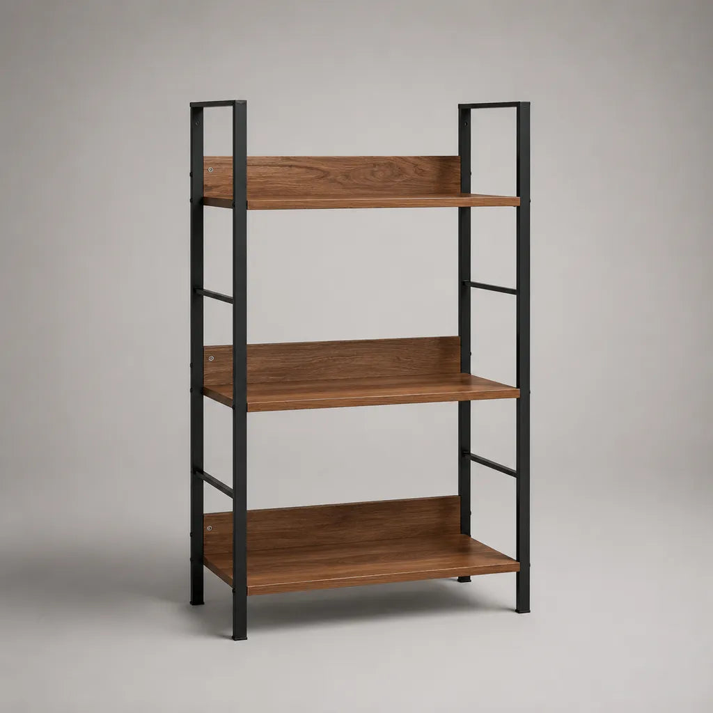Scaffale da terra a 3 ripiani in legno e acciaio, marrone noce e nero, 80 × 30 × 120 cm