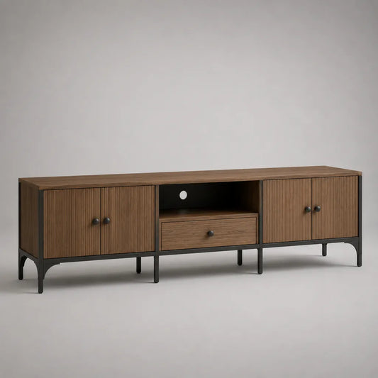 Mobile TV rettangolare in MDF e acciaio, noce e nero, 4 ante e 1 cassetto, 180 x 40 x 65 cm