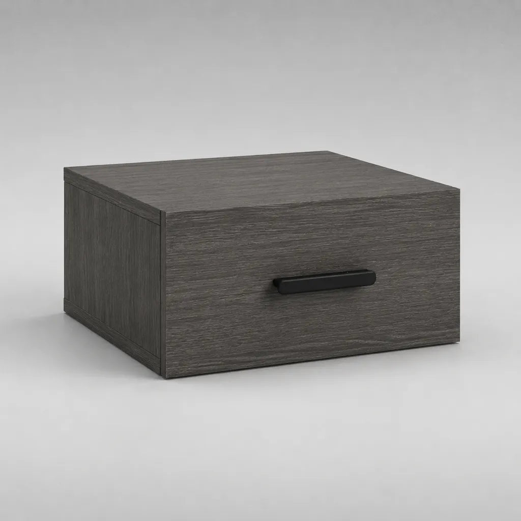 Comodino sospeso da parete con 1 cassetto in pannello truciolare, grigio rovere e nero, 40 × 35 × 25 cm