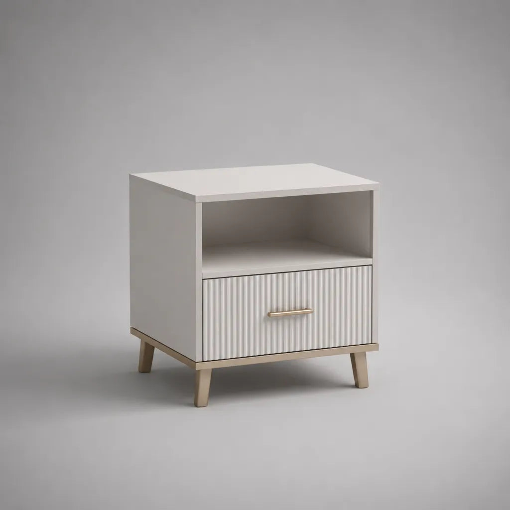 Comodino in MDF bianco con cassetto, vano aperto e dettagli color oro, 45 × 40 × 55 cm
