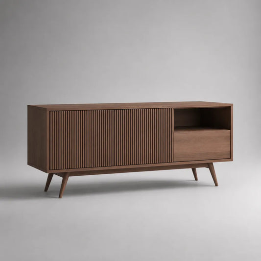 Mobile porta TV basso rettangolare in MDF impiallacciato noce marrone con ante scanalate, cassetto e vano aperto, 140 × 40 × 65 cm