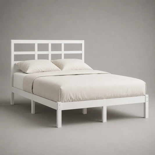 Letto matrimoniale 160 × 200 cm in pino massello bianco con testiera e rete a doghe