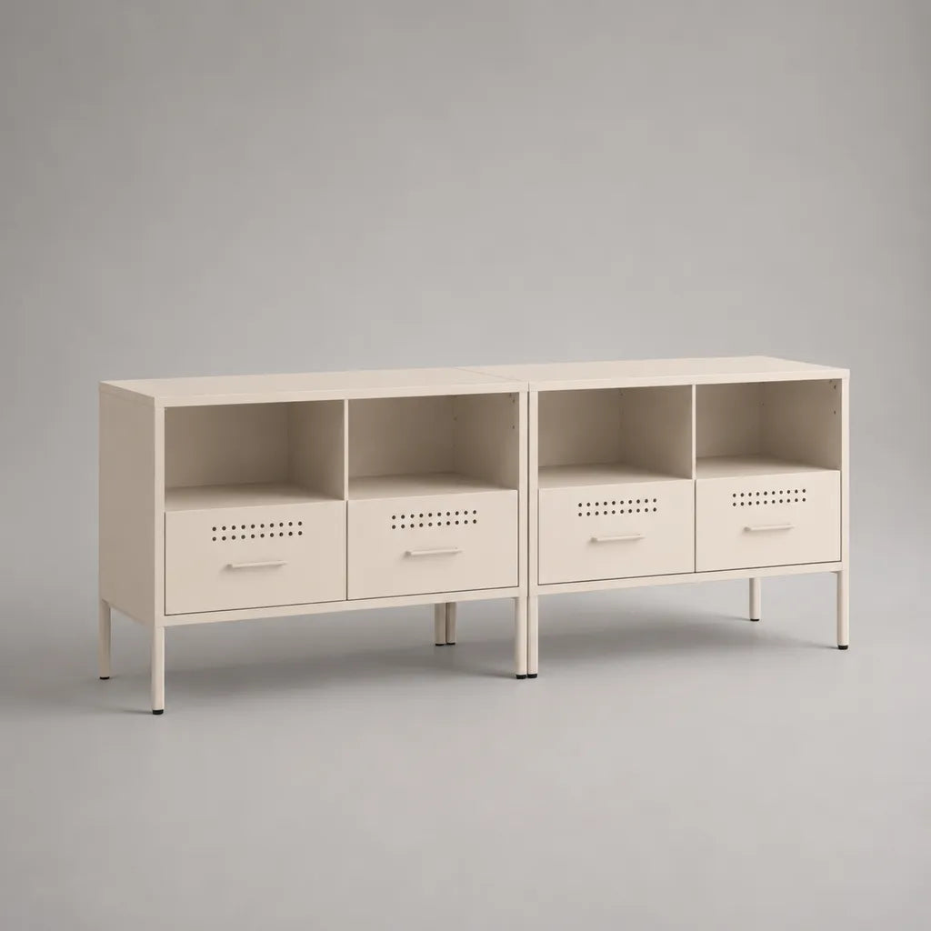 Set di 2 mobili bassi in acciaio bianco crema, 160 × 35 × 70 cm, con 4 cassetti e 4 vani aperti
