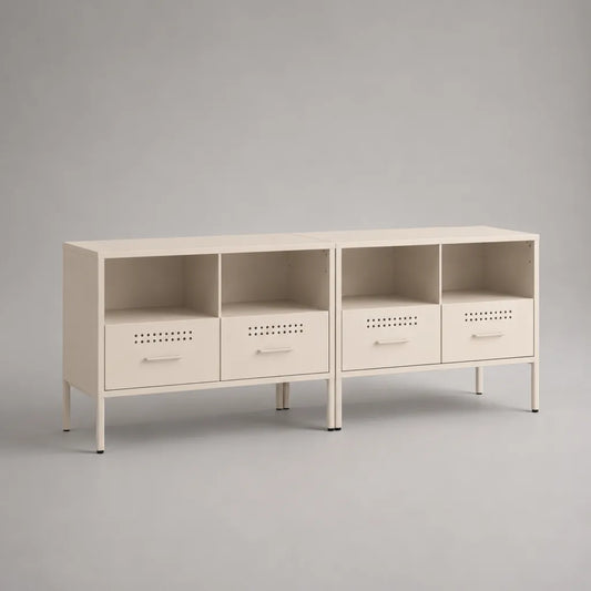 Set di 2 mobili bassi in acciaio bianco crema, 160 × 35 × 70 cm, con 4 cassetti e 4 vani aperti