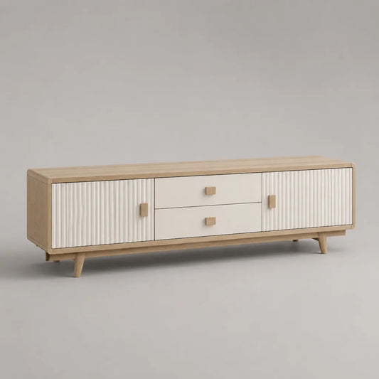Mobile TV rettangolare in legno e MDF bianco e rovere naturale con 2 ante scanalate e 2 cassetti, 160 x 40 x 55 cm