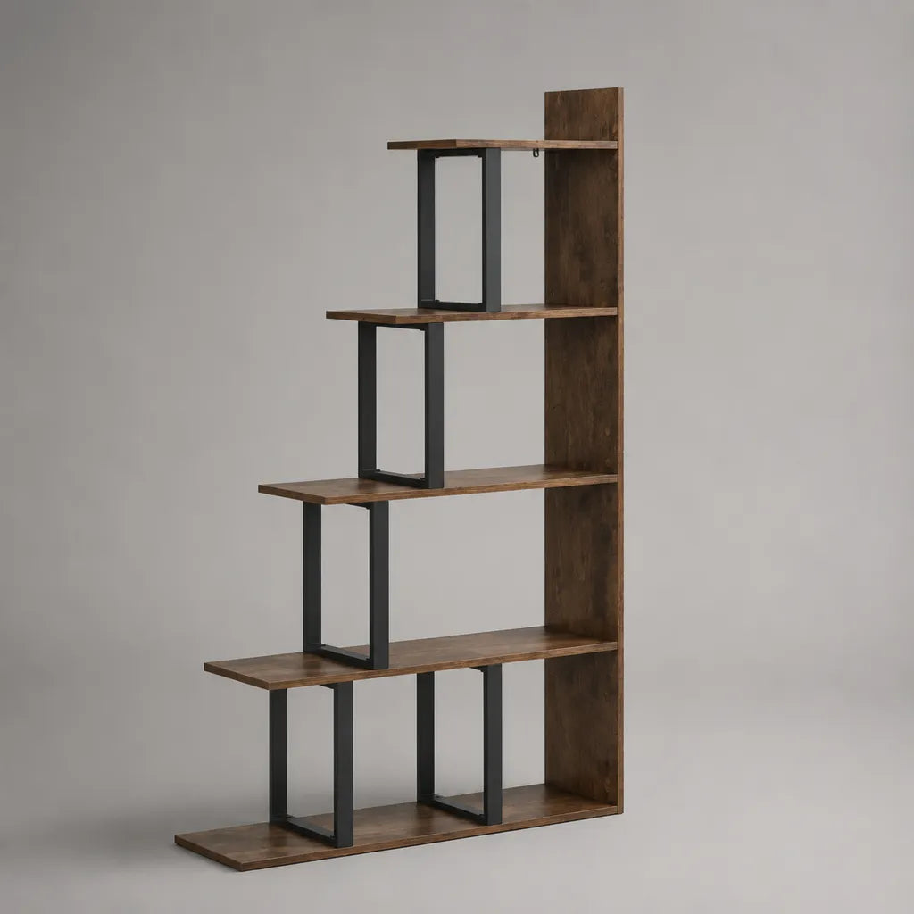 Libreria da terra a 5 ripiani in pannello truciolare e acciaio, struttura asimmetrica marrone e nera, 100 × 30 × 180 cm
