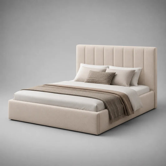 Letto matrimoniale imbottito in tessuto beige, 177 x 218 x 120 cm, rete 160 x 200 cm