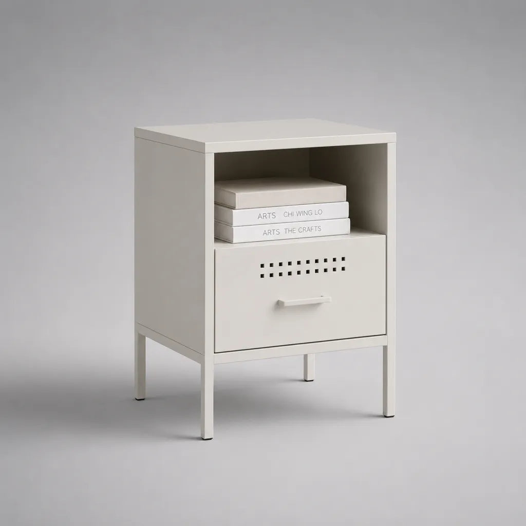 Comodino in acciaio bianco con vano aperto e anta ventilata, 40 × 35 × 65 cm