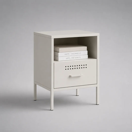 Comodino in acciaio bianco con vano aperto e anta ventilata, 40 × 35 × 65 cm